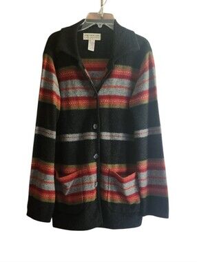 Jones New York Country Black Horizontal Striped Cardigan 100% Lambswool
